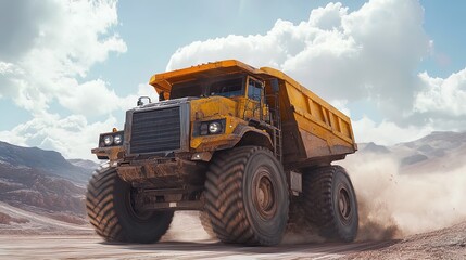 Obraz premium Heavy mining trucks transporting loads across a dusty landscape, industrial power