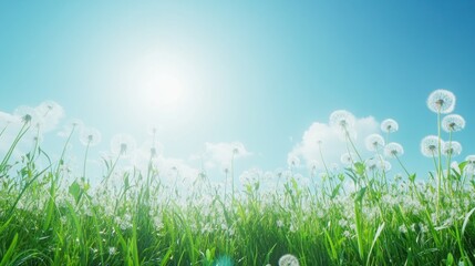 Obraz premium Sunny day, dandelion field, sky, summer, nature, background, peaceful scene, spring