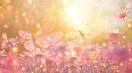 Luminous Cluster of Dragonfly Wings in a Bright Floral Setting