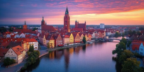 Aerial View of Wrocław's Historic Cathedral Island at Dusk with Illuminated Gothic Architecture and Scenic River © btiger