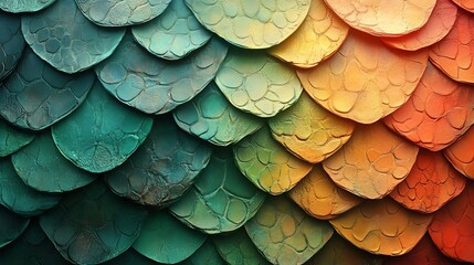 Obraz premium Vibrant textured scales subtly shift from teal to amber creating a mesmerizing gradient. AI Generated