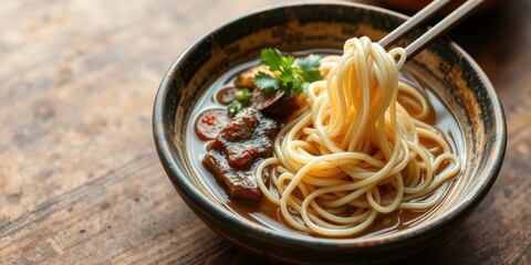 Noodle dish being served in a rustic ceramic bowl with a side of fresh vegetables, serving, ceramic bowl