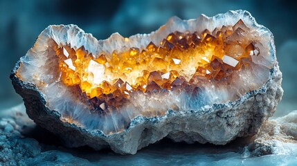 Obraz premium Glowing Amber Crystals nestled in Grey Geode Dramatic lighting illuminates vibrant hues. AI Generated