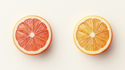 Juicy grapefruit and orange slices on white.  Food photography