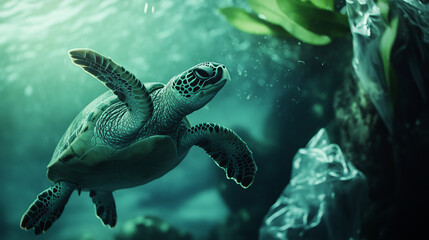 Obraz premium impact of ocean plastic pollution on sea turtles and marine life conservation through compelling underwater photography