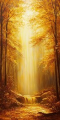 Obraz premium Golden Autumn Waterfall In A Sunlit Forest