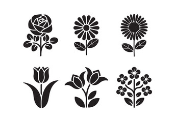 Set of flowers. 6 vector silhouette icon set