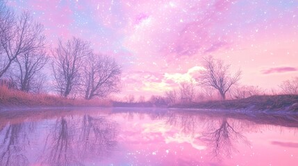 Serene River Scene in Orchard with Beautiful Reflection at Dusk