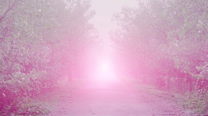Ethereal Pathway with Soft White Mist and Pink Glow in Forest