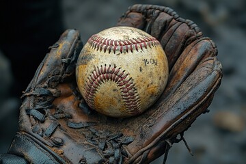 Vintage Baseball Close Up in Old Glove Nostalgic Fathers Day Graphic for Sport Dad