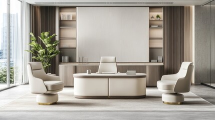 Modern executive office interior with a white desk, chairs and plant, featuring neutral tones and elegant design