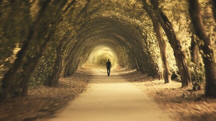 Fototapeta premium Blurred Figure Walking Through Enchanted Orchard Pathway