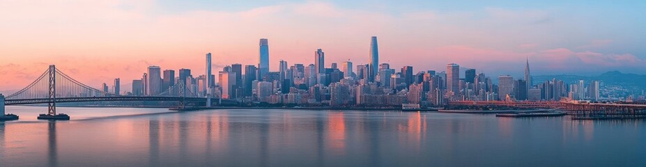 Fototapeta premium Modern city skyline at dawn with sleek skyscrapers and bridge reflecting on water