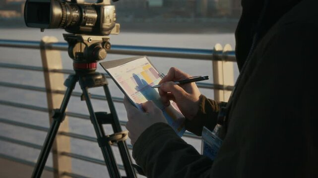 Medium midsection shot of anonymous male operator or videographer standing by camera on tripod on river bridge, studying broadcasting schedule on clipboard and circling next assignment