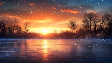 winter sunset over frozen lake