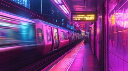 A vibrant subway station scene with neon signs glowing, clean modern lines, and motion blur creating a sense of urban energy