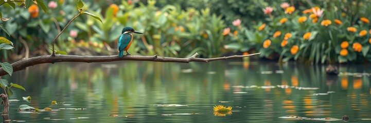 Obraz premium Kingfisher rests on thin wooden limb suspended high above calm surface of serene pond surrounded by lush foliage and vibrant wildflowers, greenery, forest surroundings