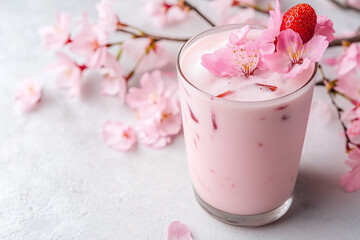 Delightful pink drink with cherry blossoms and strawberry garnish