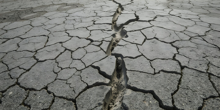 A detailed look at fractured pavement, zooming out to reveal a massive fault line tearing through the landscape, ultra-HD
