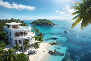 Fototapeta premium Top up aerial view of luxury yacht and mansion on the island with clear blue sea with good weather