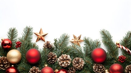 festive christmas border with ornaments and pine branches