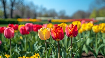 Colorful tulips bloom in spring park; sunny day, blurred background