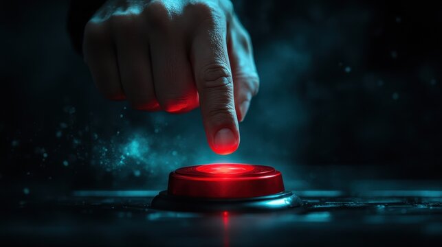 Finger presses glowing red button, dramatic lighting. Illustrates decision-making, urgency, or action, ideal for technology or crisis concepts.
