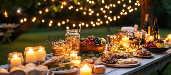 Fototapeta premium Romantic outdoor dinner party with candles and string lights.