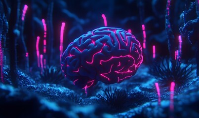 Glowing brain in surreal bioluminescent landscape