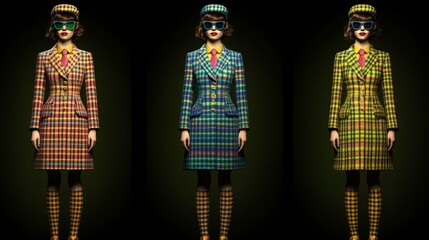 Fototapeta premium Fashion Model Poses in Colorful Plaid Coats