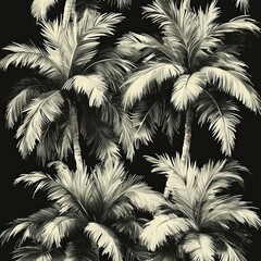 Tropical Palm Tree Pattern Vintage Art Deco Black Background High Contrast Illustration