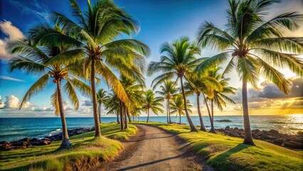 Obraz premium Majestic palm trees swaying in the ocean breeze alongside a winding dirt path, coastal scenery, scenic walkway, serene surroundings