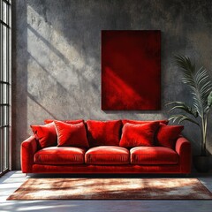 Red Sofa in Modern Interior with Concrete Wall and White Poster