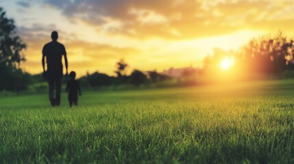 Father and Son Walking Sunset Meadow Grassland