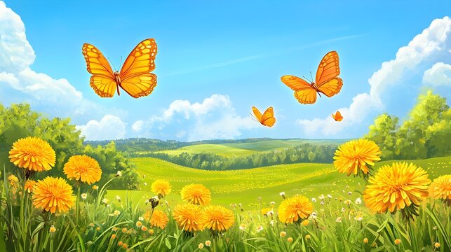 Fototapeta sunny meadow with dandelions and butterflies