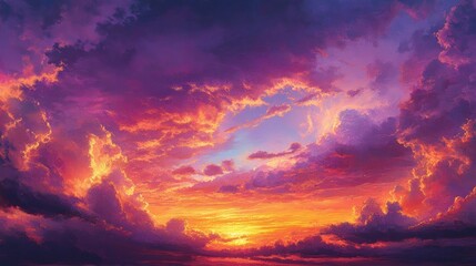 Vibrant sunset cloudscape, fiery hues, tranquil ocean