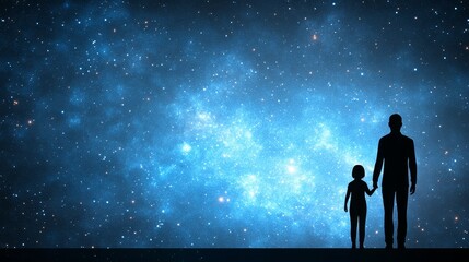 Fototapeta premium Father Daughter Stargazing Night Sky Silhouette