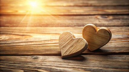 Two wooden hearts placed on a rustic wooden table with natural sunlight shining through, creating a warm ambiance and highlighting the beauty of love , heart decor, love