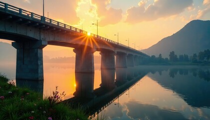 Morning sunlight reflected on a bridge's surface, reflection, landscape, atmosphere