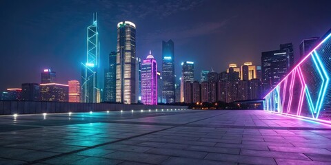 Neon-lit cityscape with abstract gradient and geometric shapes, modern cityscape, neon lights, glowing skyscrapers, radiant light