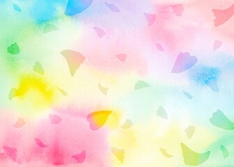 レインボーカラーの水彩画背景に花びらのシルエットが舞うイラスト。幻想的な春の風景。