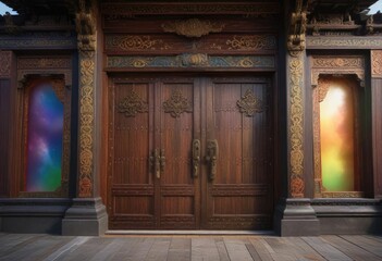 Ornate wooden doors of an Asian temple with a majestic rainbow arcing above, ancient tradition, grandeur, ornate wooden doors