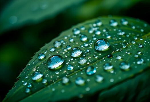 A close-up photograph of a vibrant green leaf covered in glistening water droplets