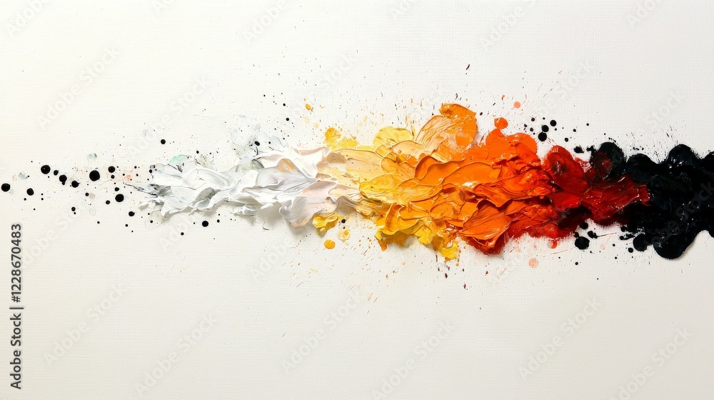 Poster abstract expression of colorful paint blending with dynamic texture and movement across a white canv