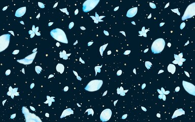 夜空に舞い散る水色の花びらの模様。幻想的な夜の風景イラスト。