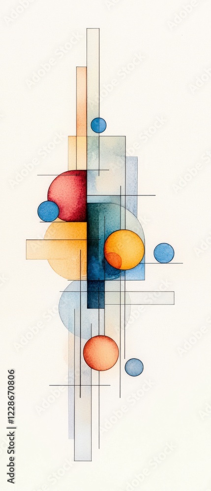 Poster abstract geometric composition with colorful circles and shapes in soft pastel hues on a light backg