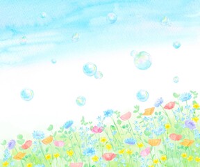 カラフルな花畑からシャボン玉が舞い上がる明るく楽しい雰囲気な春の風景。青空が爽やかな水彩イラスト。