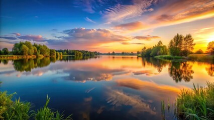 Fototapeta premium Panorama of a serene lake at sunset, peaceful, landscape, peaceful, landscape, calm, reflection
