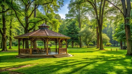 Obraz premium Lush green grass under a gazebo surrounded by wooden benches and tall trees, with a few patrons sitting or strolling in the background, beverage garden, pergola