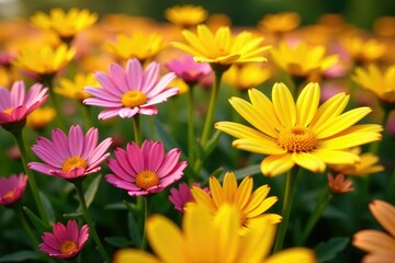 Colorful chrysanthemum field with yellow and pink daisies, chrysanthemums, yellow